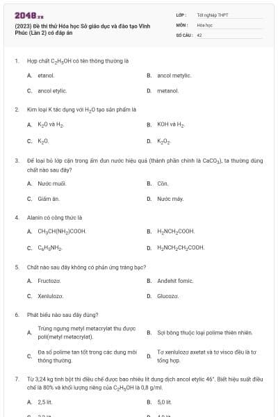 (2023) Đề thi thử Hóa học Sở giáo dục và đào tạo Vĩnh Phúc (Lần 2) có đáp án