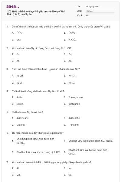 (2023) Đề thi thử Hóa học Sở giáo dục và đào tạo Vĩnh Phúc (Lần 2) có đáp án