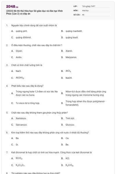(2023) Đề thi thử Hóa học Sở giáo dục và đào tạo Vĩnh Phúc (Lần 2) có đáp án