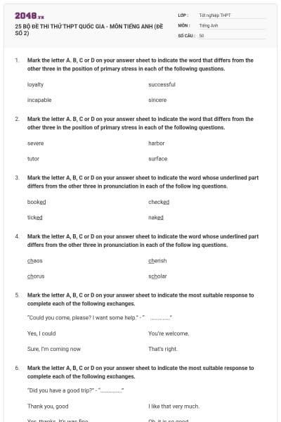 25 BỘ ĐỀ THI THỬ THPT QUỐC GIA - MÔN TIẾNG ANH (ĐỀ SỐ 2)