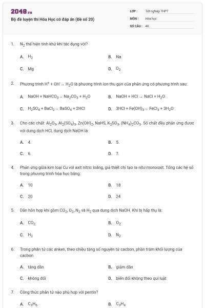 Bộ đề luyện thi Hóa Học có đáp án (Đề số 20)