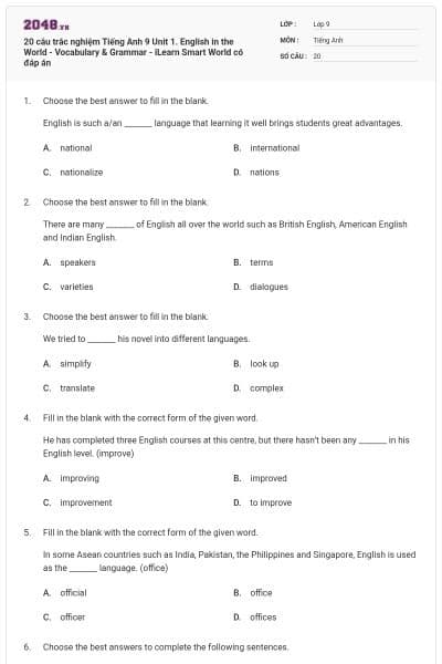 20 câu trắc nghiệm Tiếng Anh 9 Unit 1. English in the World - Vocabulary & Grammar - iLearn Smart World có đáp án
