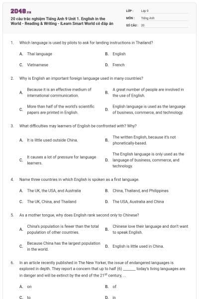 20 câu trắc nghiệm Tiếng Anh 9 Unit 1. English in the World - Reading & Writing - iLearn Smart World có đáp án