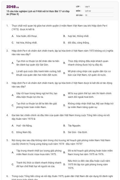 15 câu trắc nghiệm Lịch sử 9 Kết nối tri thức Bài 17 có đáp án (Phần 9)
