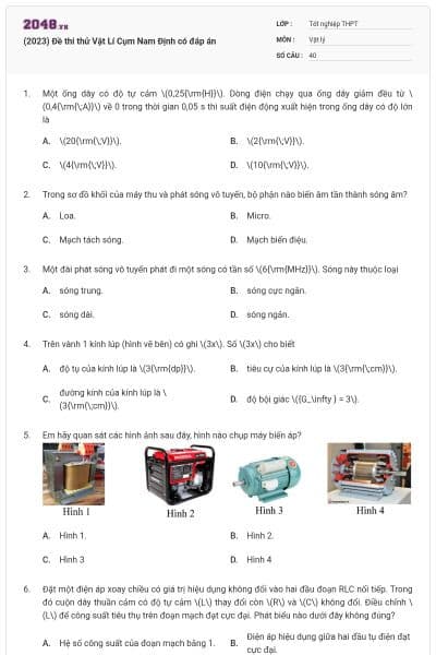 (2023) Đề thi thử Vật Lí Cụm Nam Định có đáp án