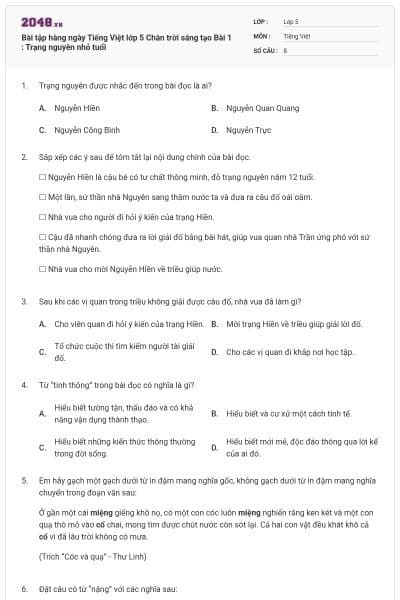 Bài tập hàng ngày Tiếng Việt lớp 5 Chân trời sáng tạo Bài 1 : Trạng nguyên nhỏ tuổi