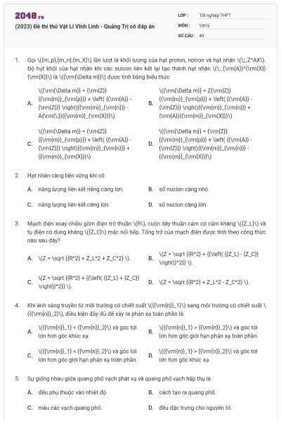 (2023) Đề thi thử Vật Lí Vĩnh Linh - Quảng Trị có đáp án