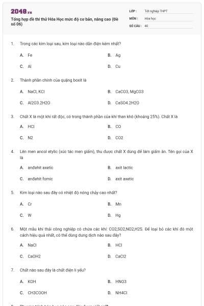 Tổng hợp đề thi thử Hóa Học mức độ cơ bản, nâng cao (Đề số 06)