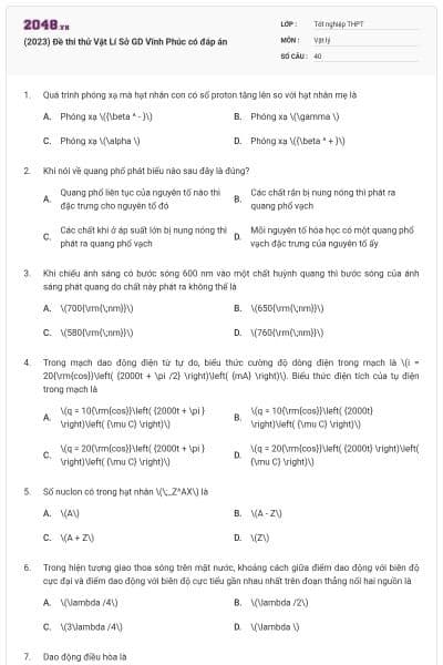 (2023) Đề thi thử Vật Lí Sở GD Vĩnh Phúc có đáp án
