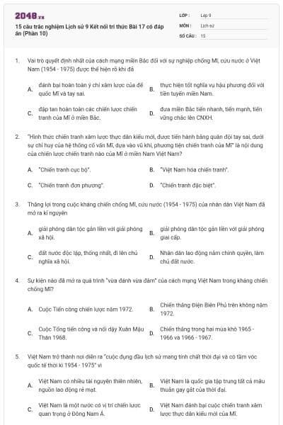 15 câu trắc nghiệm Lịch sử 9 Kết nối tri thức Bài 17 có đáp án (Phần 10)