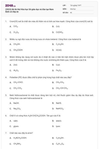 (2023) Đề thi thử Hóa học Sở giáo dục và đào tạo Nam Định có đáp án