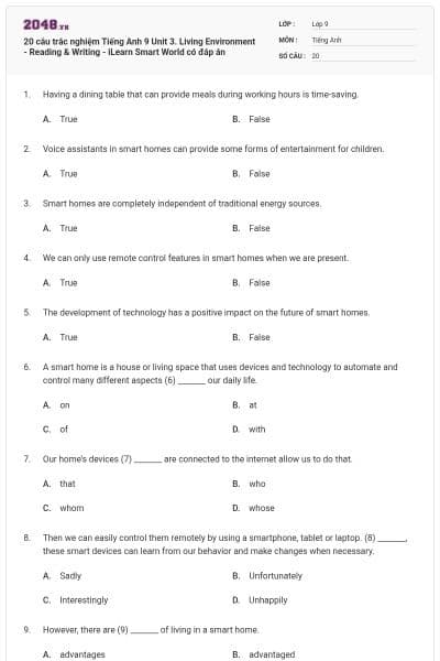 20 câu trắc nghiệm Tiếng Anh 9 Unit 3. Living Environment - Reading & Writing - iLearn Smart World có đáp án