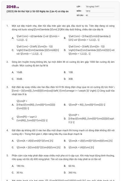 (2023) Đề thi thử Vật Lí Sở GD Nghệ An (Lần 4) có đáp án