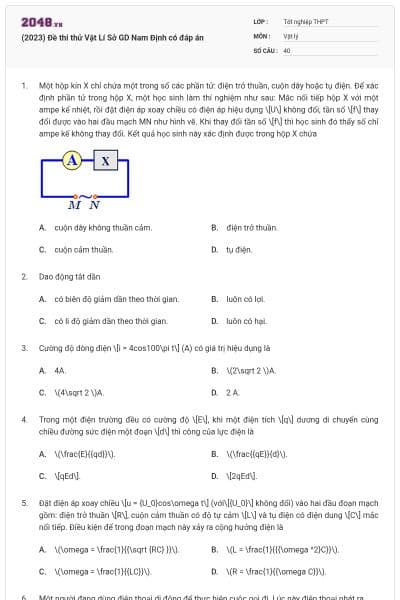 (2023) Đề thi thử Vật Lí Sở GD Nam Định có đáp án