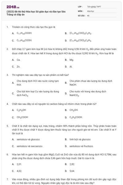 (2023) Đề thi thử Hóa học Sở giáo dục và đào tạo Sóc Trăng có đáp án