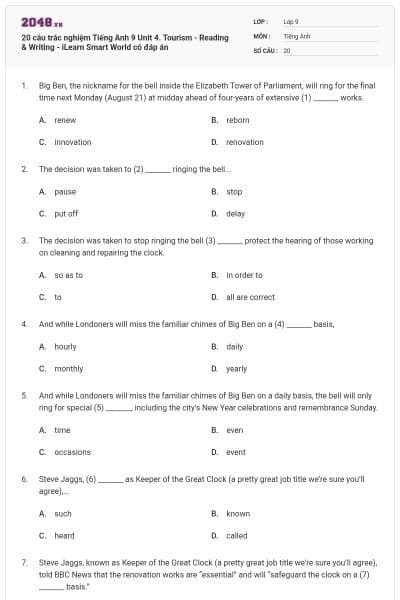 20 câu trắc nghiệm Tiếng Anh 9 Unit 4. Tourism - Reading & Writing - iLearn Smart World có đáp án