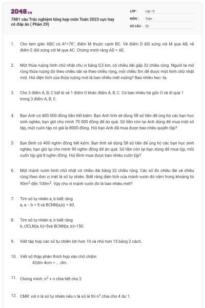 7881 câu Trắc nghiệm tổng hợp môn Toán 2023 cực hay có đáp án ( Phần 29)