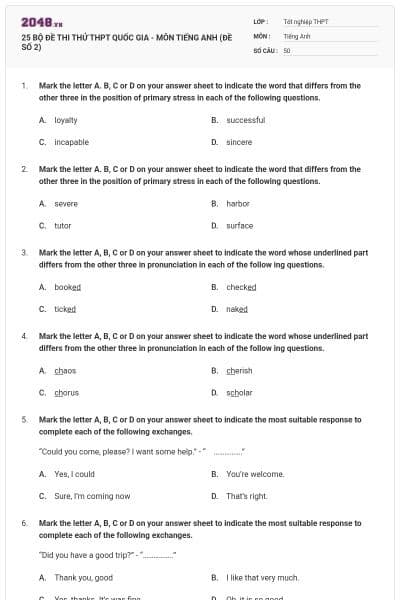 25 BỘ ĐỀ THI THỬ THPT QUỐC GIA - MÔN TIẾNG ANH (ĐỀ SỐ 2)