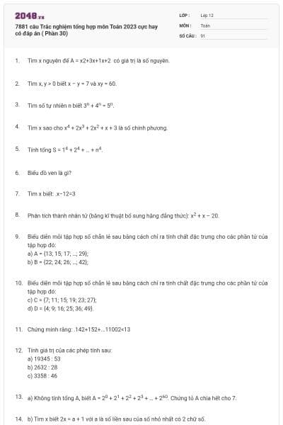 7881 câu  Trắc nghiệm tổng hợp môn Toán 2023 cực hay có đáp án ( Phần 30)