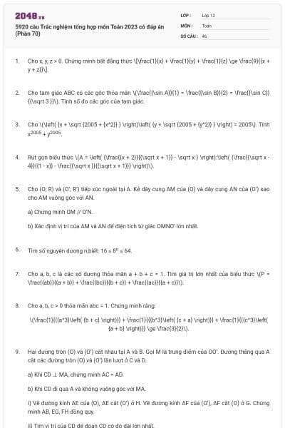 5920 câu Trắc nghiệm tổng hợp môn Toán 2023 có đáp án (Phần 70)