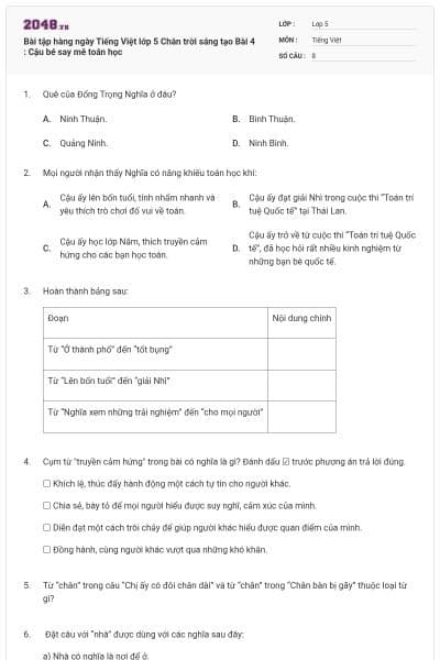 Bài tập hàng ngày Tiếng Việt lớp 5 Chân trời sáng tạo Bài 4 : Cậu bé say mê toán học