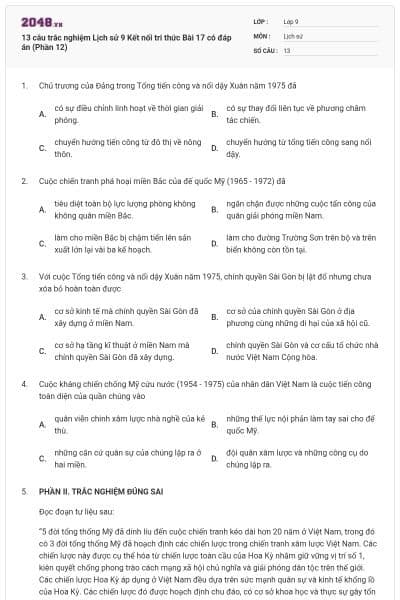13 câu trắc nghiệm Lịch sử 9 Kết nối tri thức Bài 17 có đáp án (Phần 12)