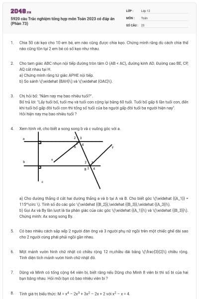 5920 câu Trắc nghiệm tổng hợp môn Toán 2023 có đáp án (Phần 73)