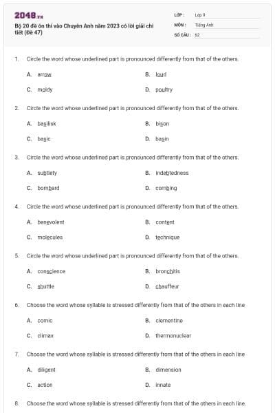 Bộ 20 đề ôn thi vào Chuyên Anh năm 2023 có lời giải chi tiết (Đề 47)