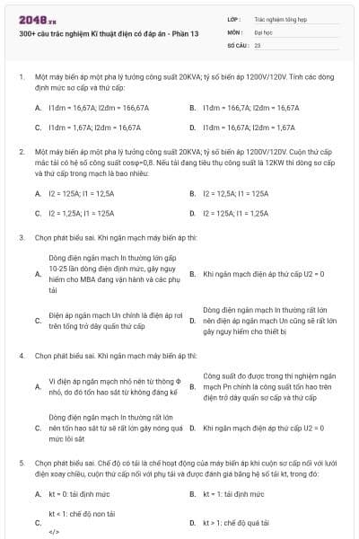 300+ câu trắc nghiệm Kĩ thuật điện có đáp án - Phần 13