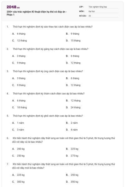 200+ câu trắc nghiệm Kĩ thuật điện hạ thế có đáp án - Phần 1