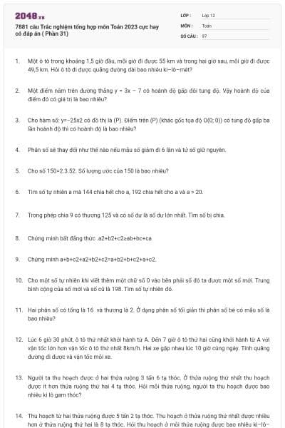 7881 câu  Trắc nghiệm tổng hợp môn Toán 2023 cực hay có đáp án ( Phần 31)