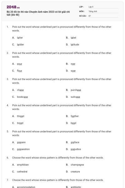 Bộ 20 đề ôn thi vào Chuyên Anh năm 2023 có lời giải chi tiết (Đề 48)