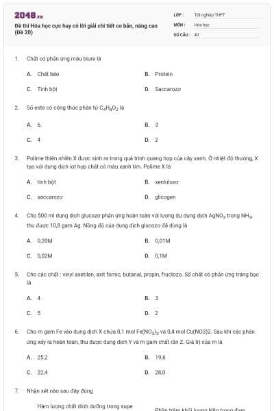 Đề thi Hóa học cực hay có lời giải chi tiết cơ bản, nâng cao (Đề 20)
