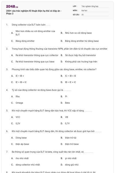 200+ câu trắc nghiệm Kĩ thuật điện hạ thế có đáp án - Phần 3
