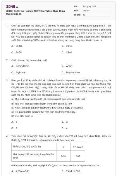 (2023) Đề thi thử Hóa học THPT Cao Thắng, Thừa Thiên Huế có đáp án