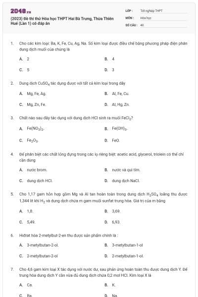 (2023) Đề thi thử Hóa học THPT Hai Bà Trưng, Thừa Thiên Huế (Lần 1) có đáp án
