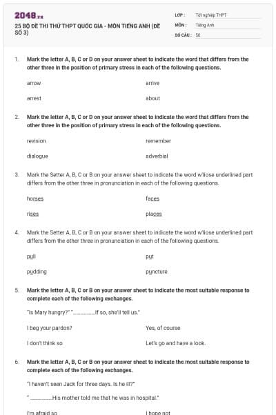 25 BỘ ĐỀ THI THỬ THPT QUỐC GIA - MÔN TIẾNG ANH (ĐỀ SỐ 3)