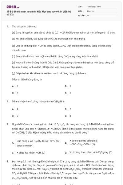 15 Bộ đề thi minh họa môn Hóa Học cực hay có lời giải (Đề số 12)