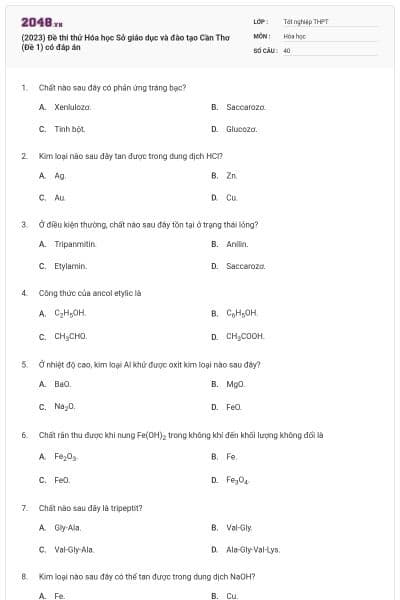 (2023) Đề thi thử Hóa học Sở giáo dục và đào tạo Cần Thơ (Đề 1) có đáp án