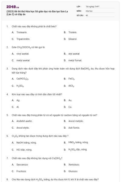 (2023) Đề thi thử Hóa học Sở giáo dục và đào tạo Sơn La (Lần 2) có đáp án