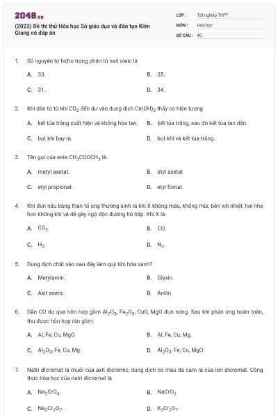 (2023) Đề thi thử Hóa học Sở giáo dục và đào tạo Kiên Giang có đáp án