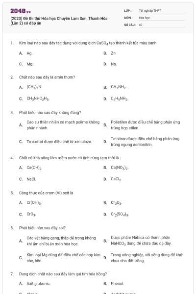 (2023) Đề thi thử Hóa học Chuyên Lam Sơn, Thanh Hóa (Lần 2) có đáp án