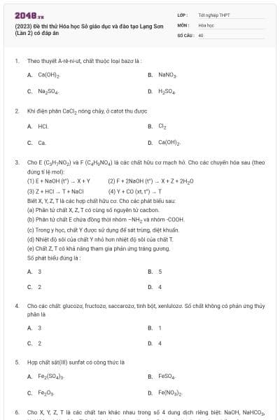 (2023) Đề thi thử Hóa học Sở giáo dục và đào tạo Lạng Sơn (Lần 2) có đáp án