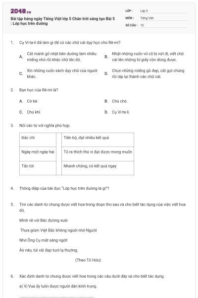 Bài tập hàng ngày Tiếng Việt lớp 5 Chân trời sáng tạo Bài 5 : Lớp học trên đường