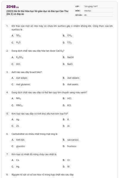 (2023) Đề thi thử Hóa học Sở giáo dục và đào tạo Cần Thơ (Đề 3) có đáp án