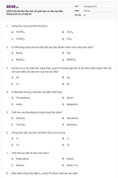 (2023) Đề thi thử Hóa học Sở giáo dục và đào tạo Bắc Giang (Lần 2) có đáp án