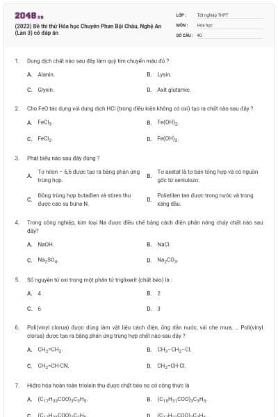 (2023) Đề thi thử Hóa học Chuyên Phan Bội Châu, Nghệ An (Lần 3) có đáp án
