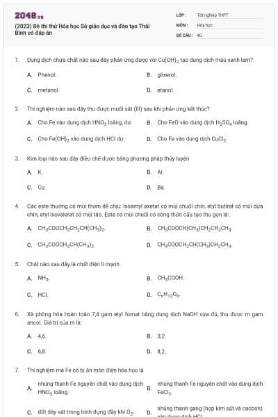 (2023) Đề thi thử Hóa học Sở giáo dục và đào tạo Thái Bình có đáp án