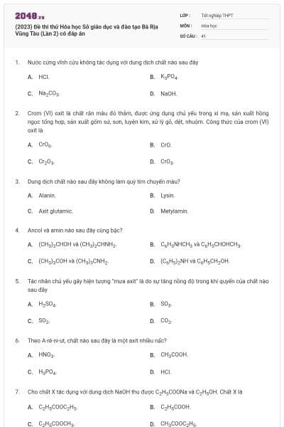 (2023) Đề thi thử Hóa học Sở giáo dục và đào tạo Bà Rịa Vũng Tàu (Lần 2) có đáp án