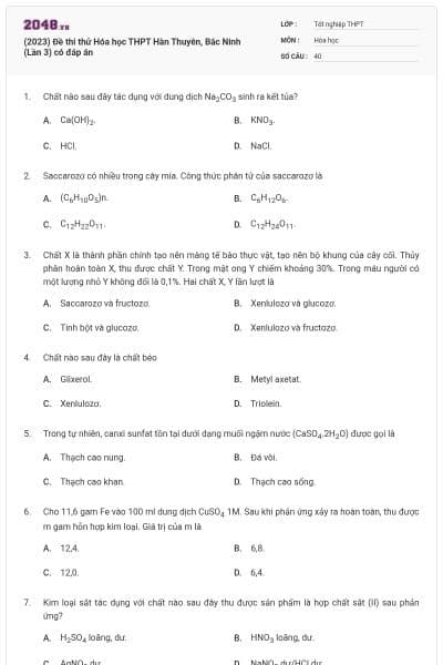 (2023) Đề thi thử Hóa học THPT Hàn Thuyên, Bắc Ninh (Lần 3) có đáp án